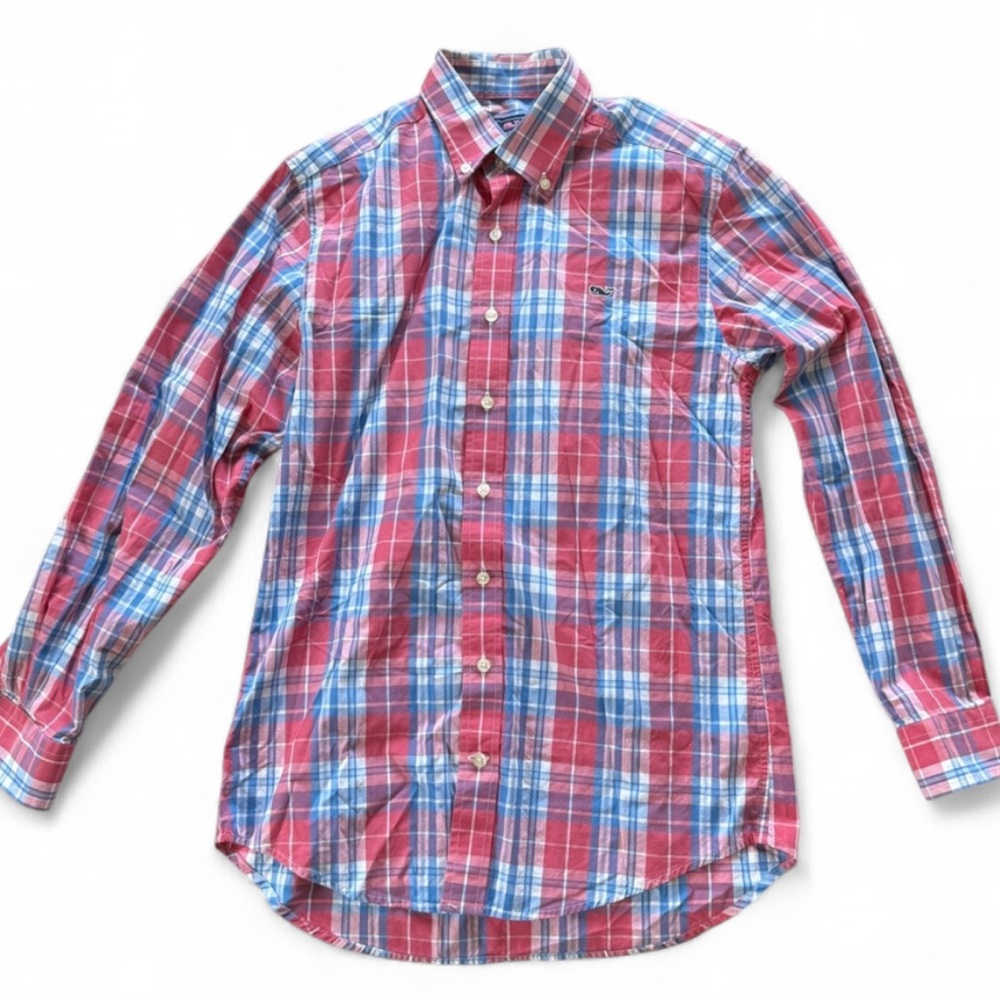 Vineyard Vines Men’s Slim Fit Whale Shirt Red Blue Plaid Cotton Button Down S